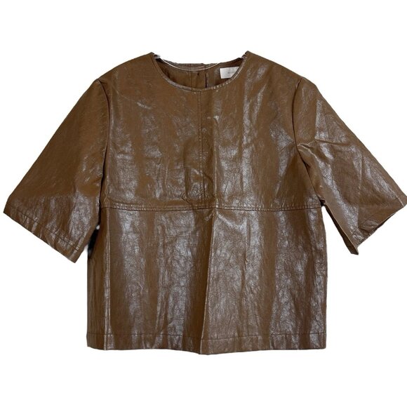 Mignon Doo Cropped Faux Leather Shiny Buttoned Blouse Top Brown Size Small - Picture 1 of 8